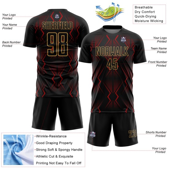 Formen Fußball Rot-Alt Sublimation Gold Jersey Schwarz Benutzerdefinierte Geometrische Uniform Formen Fußball Rot-Alt Sublimation Gold Jersey Schwarz Benutzerdefinierte Geometrische Uniform