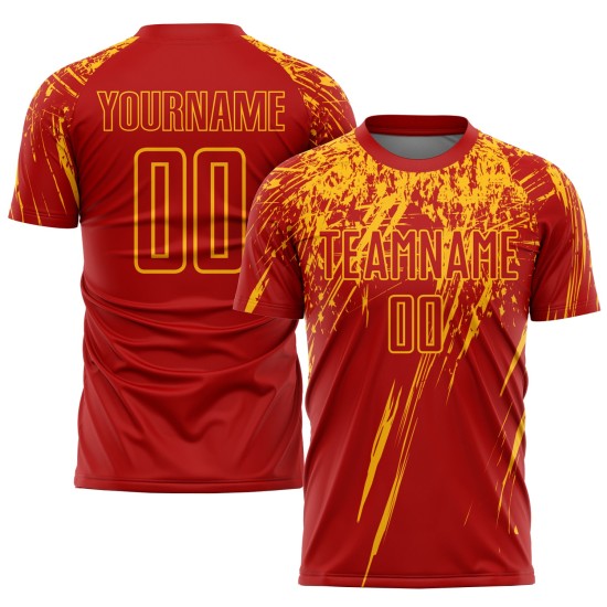 Rotes, benutzerdefiniertes goldenes Trikot mit Sublimationsdruck, Fußballuniform Rotes, benutzerdefiniertes goldenes Trikot mit Sublimationsdruck, Fußballuniform