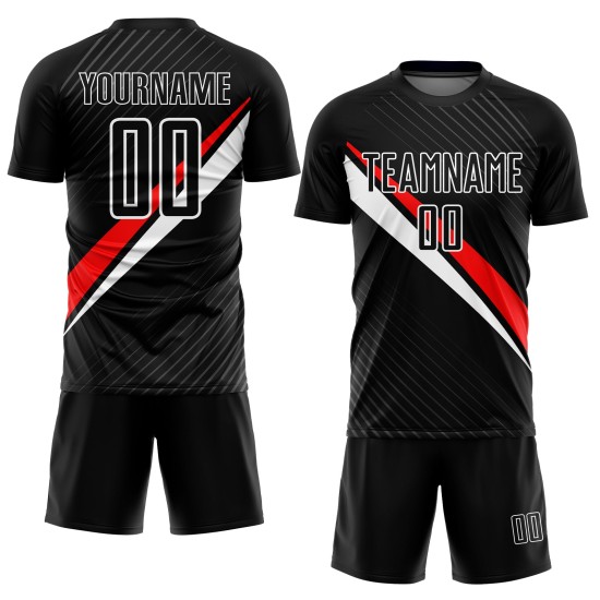 Fußball Sublimation Rot-Weiß Linien Jersey Schwarz Uniform Custom Diagonal Fußball Sublimation Rot-Weiß Linien Jersey Schwarz Uniform Custom Diagonal
