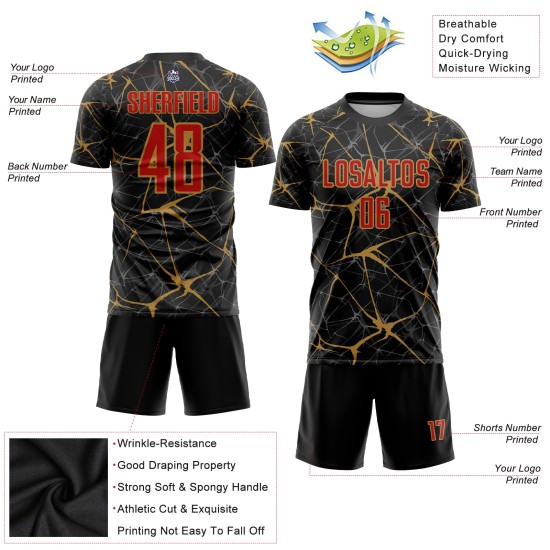 Fußball Rot-Alte Uniform Gold Sublimation Schwarz Custom Jersey Fußball Rot-Alte Uniform Gold Sublimation Schwarz Custom Jersey