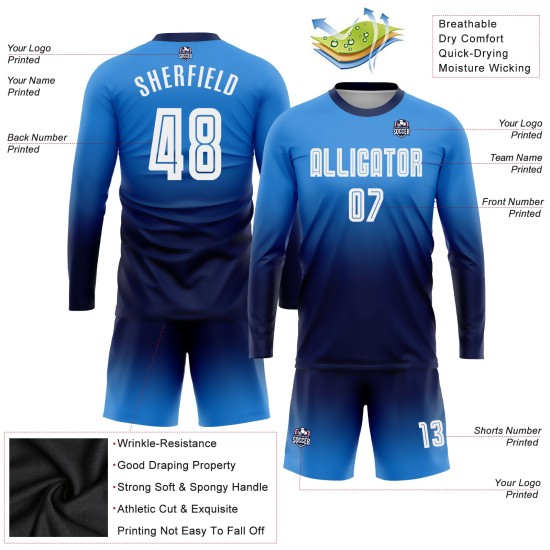 Weiß-Marineblau Custom Sleeve Fashion Uniform Powder Blue Soccer Fade Sublimation Long Jersey Weiß-Marineblau Custom Sleeve Fashion Uniform Powder Blue Soccer Fade Sublimation Long Jersey