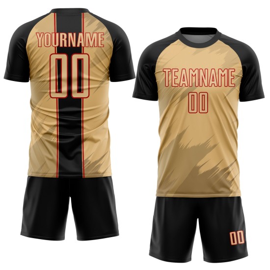 Fußballtrikot Alte Sublimation Uniform Sharp Schwarz-Rot Gold Benutzerdefinierte Formen Fußballtrikot Alte Sublimation Uniform Sharp Schwarz-Rot Gold Benutzerdefinierte Formen