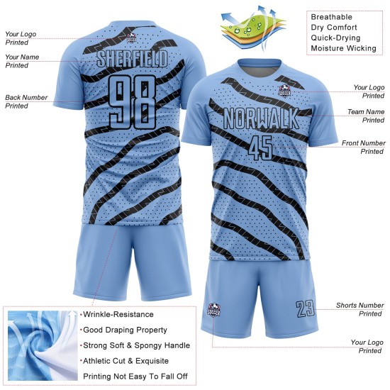 Benutzerdefinierte Licht Jersey Fußball Blau Uniform Sublimation Linien Punkte Und Schwarz Benutzerdefinierte Licht Jersey Fußball Blau Uniform Sublimation Linien Punkte Und Schwarz