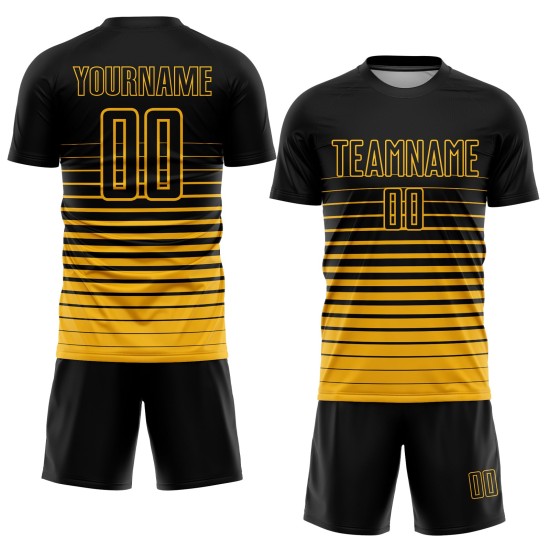 Uniform Custom Gold Sublimation Fußball Jersey Schwarz Nadelstreifen Verblassen Mode Uniform Custom Gold Sublimation Fußball Jersey Schwarz Nadelstreifen Verblassen Mode