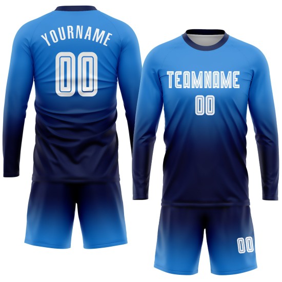 Weiß-Marineblau Custom Sleeve Fashion Uniform Powder Blue Soccer Fade Sublimation Long Jersey Weiß-Marineblau Custom Sleeve Fashion Uniform Powder Blue Soccer Fade Sublimation Long Jersey