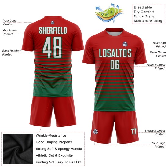 Mode Custom Sublimation Green Jersey Fußball Weiß-Kelly Uniform Nadelstreifen Fade Red Mode Custom Sublimation Green Jersey Fußball Weiß-Kelly Uniform Nadelstreifen Fade Red