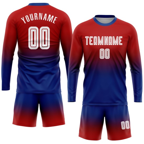 Fußball-Mode-Trikot lang weiß-königlich benutzerdefinierte Ärmel Uniform verblassen rot Sublimation Fußball-Mode-Trikot lang weiß-königlich benutzerdefinierte Ärmel Uniform verblassen rot Sublimation