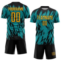 Schwarz Teal Custom Gold Uniform Fußball Sublimation Jersey