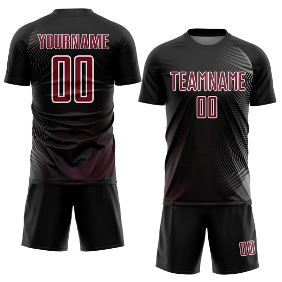 Geometrische benutzerdefinierte schwarze Sublimation Fußball Linien Uniform Jersey Crimson-Weiß