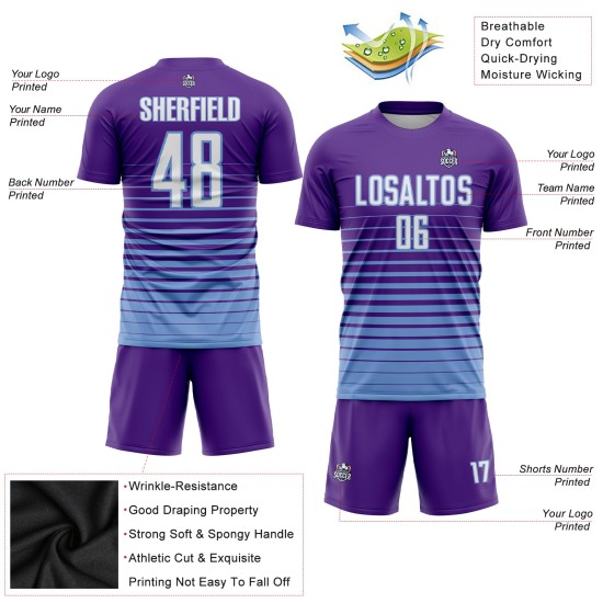 Verblassen Lila Uniform Weiß-Hellblau Sublimation Jersey Mode Benutzerdefinierte Fußball Nadelstreifen Verblassen Lila Uniform Weiß-Hellblau Sublimation Jersey Mode Benutzerdefinierte Fußball Nadelstreifen