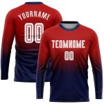 Fußball Fade Sublimation Fashion Custom Jersey Rot Uniform Weiß-Marine Langarm Fußball Fade Sublimation Fashion Custom Jersey Rot Uniform Weiß-Marine Langarm