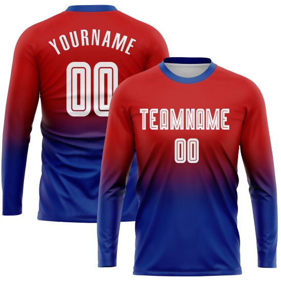 Fußball-Mode-Trikot lang weiß-königlich benutzerdefinierte Ärmel Uniform verblassen rot Sublimation Fußball-Mode-Trikot lang weiß-königlich benutzerdefinierte Ärmel Uniform verblassen rot Sublimation
