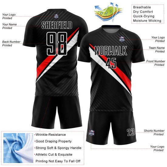 Fußball Sublimation Rot-Weiß Linien Jersey Schwarz Uniform Custom Diagonal Fußball Sublimation Rot-Weiß Linien Jersey Schwarz Uniform Custom Diagonal