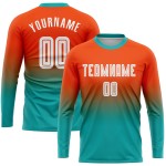 Fußball Ärmel Custom Uniform Weiß-Aqua Fade Fashion Jersey Sublimation Orange Lange Fußball Ärmel Custom Uniform Weiß-Aqua Fade Fashion Jersey Sublimation Orange Lange