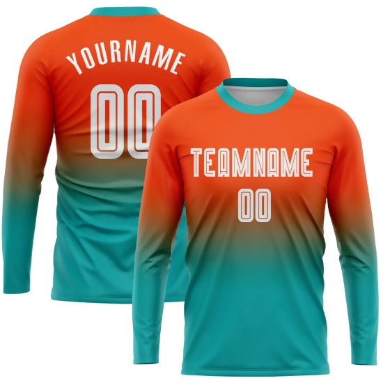 Fußball Ärmel Custom Uniform Weiß-Aqua Fade Fashion Jersey Sublimation Orange Lange Fußball Ärmel Custom Uniform Weiß-Aqua Fade Fashion Jersey Sublimation Orange Lange