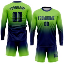 Benutzerdefinierte Fußball Navy Neon Grün Verblassen Lange Jersey Ärmel Sublimation Uniform Mode