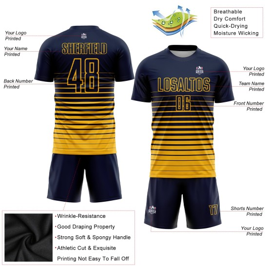 Mode Uniform Nadelstreifen Fußball Gold Verblassen Benutzerdefinierte Sublimation Jersey Navy Mode Uniform Nadelstreifen Fußball Gold Verblassen Benutzerdefinierte Sublimation Jersey Navy
