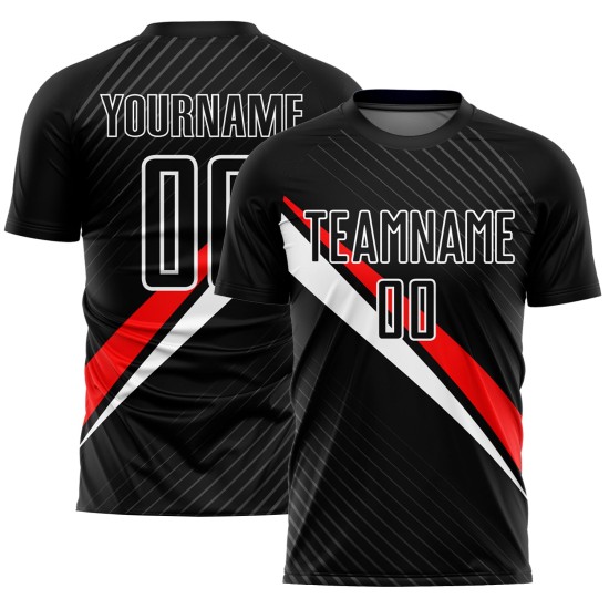 Fußball Sublimation Rot-Weiß Linien Jersey Schwarz Uniform Custom Diagonal Fußball Sublimation Rot-Weiß Linien Jersey Schwarz Uniform Custom Diagonal