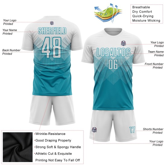 Benutzerdefinierte Teal Jersey Uniform Weiß Fußball Sublimation Benutzerdefinierte Teal Jersey Uniform Weiß Fußball Sublimation