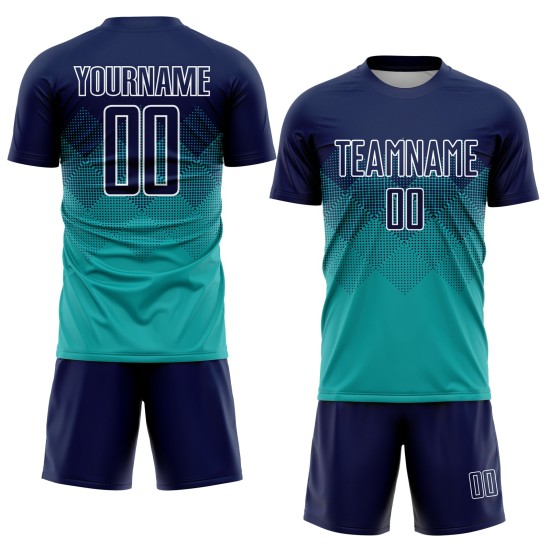 Marineblau-Weiß Fußballuniform Benutzerdefinierte Sublimation Jersey Aqua Marineblau-Weiß Fußballuniform Benutzerdefinierte Sublimation Jersey Aqua