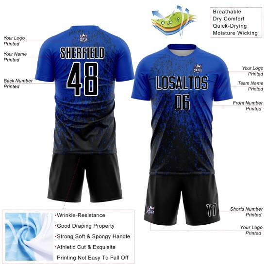 Kunst Custom Uniform Blau Sublimation Thunder Schwarz-Weiß Abstrakte Fußball Jersey Fragment Kunst Custom Uniform Blau Sublimation Thunder Schwarz-Weiß Abstrakte Fußball Jersey Fragment