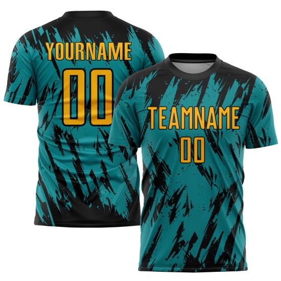 Schwarz Teal Custom Gold Uniform Fußball Sublimation Jersey Schwarz Teal Custom Gold Uniform Fußball Sublimation Jersey