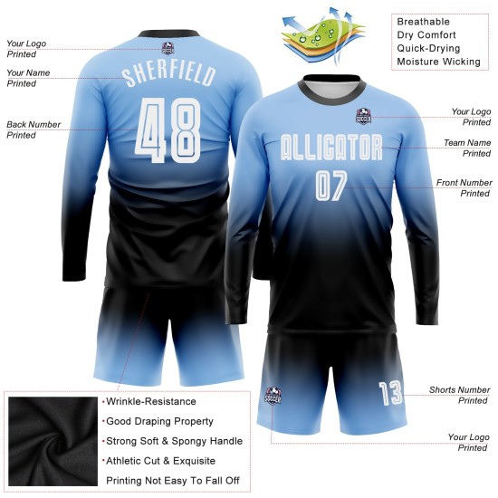 Blaue Fußballuniform Lange Sublimation Fashion Jersey Fade Light Weiß-Schwarz Custom Sleeve Blaue Fußballuniform Lange Sublimation Fashion Jersey Fade Light Weiß-Schwarz Custom Sleeve