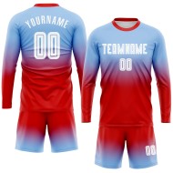 Ärmel Sublimation Fußball Blau Verblassen Lange Mode Licht Uniform Custom Jersey Weiß-Rot