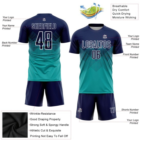 Marineblau-Weiß Fußballuniform Benutzerdefinierte Sublimation Jersey Aqua Marineblau-Weiß Fußballuniform Benutzerdefinierte Sublimation Jersey Aqua