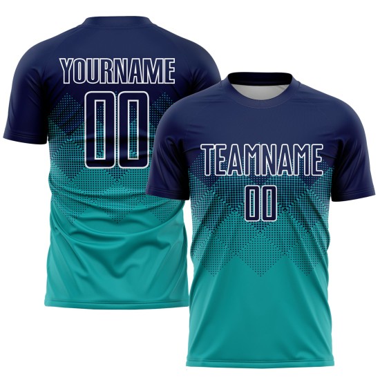 Marineblau-Weiß Fußballuniform Benutzerdefinierte Sublimation Jersey Aqua Marineblau-Weiß Fußballuniform Benutzerdefinierte Sublimation Jersey Aqua