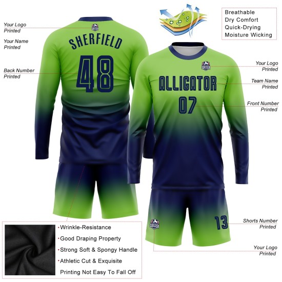 Benutzerdefinierte Fußball Navy Neon Grün Verblassen Lange Jersey Ärmel Sublimation Uniform Mode Benutzerdefinierte Fußball Navy Neon Grün Verblassen Lange Jersey Ärmel Sublimation Uniform Mode