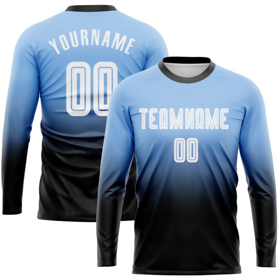 Blaue Fußballuniform Lange Sublimation Fashion Jersey Fade Light Weiß-Schwarz Custom Sleeve Blaue Fußballuniform Lange Sublimation Fashion Jersey Fade Light Weiß-Schwarz Custom Sleeve