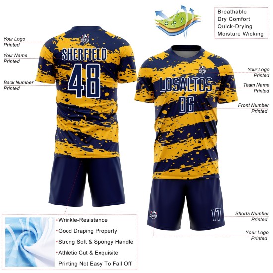 Uniform Fußballtrikot Marineblau Gold-Weiß Sublimation Splash Custom Uniform Fußballtrikot Marineblau Gold-Weiß Sublimation Splash Custom