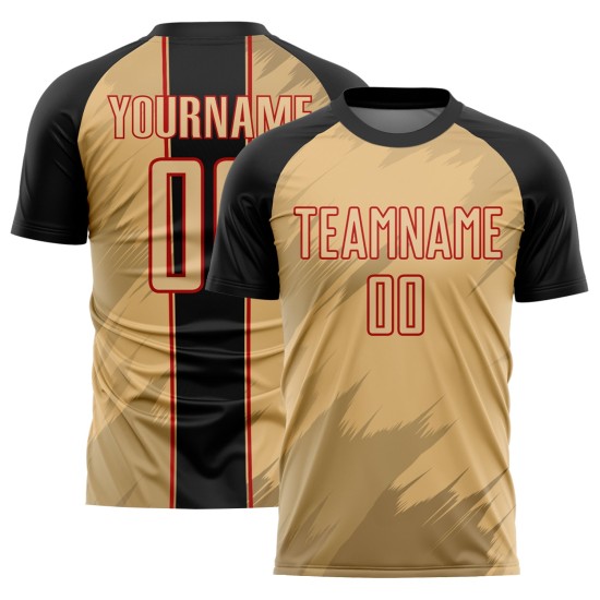 Fußballtrikot Alte Sublimation Uniform Sharp Schwarz-Rot Gold Benutzerdefinierte Formen Fußballtrikot Alte Sublimation Uniform Sharp Schwarz-Rot Gold Benutzerdefinierte Formen
