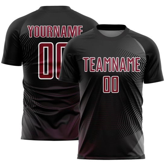 Geometrische benutzerdefinierte schwarze Sublimation Fußball Linien Uniform Jersey Crimson-Weiß