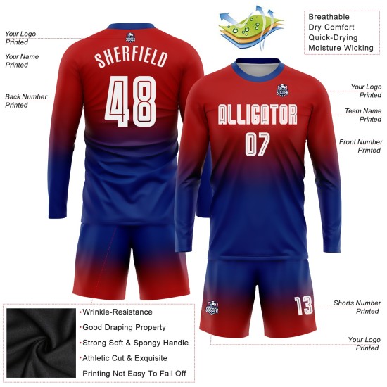 Fußball-Mode-Trikot lang weiß-königlich benutzerdefinierte Ärmel Uniform verblassen rot Sublimation Fußball-Mode-Trikot lang weiß-königlich benutzerdefinierte Ärmel Uniform verblassen rot Sublimation