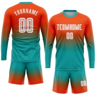 Fußball Ärmel Custom Uniform Weiß-Aqua Fade Fashion Jersey Sublimation Orange Lange Fußball Ärmel Custom Uniform Weiß-Aqua Fade Fashion Jersey Sublimation Orange Lange