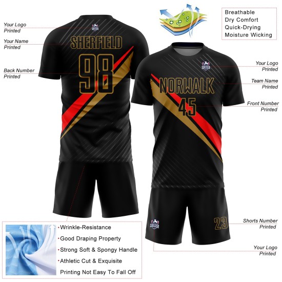 Benutzerdefinierte Jersey Linien Schwarz Diagonal Sublimation Rot-Altgold Fußballuniform
