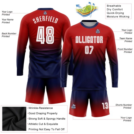 Fußball Fade Sublimation Fashion Custom Jersey Rot Uniform Weiß-Marine Langarm Fußball Fade Sublimation Fashion Custom Jersey Rot Uniform Weiß-Marine Langarm
