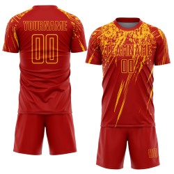 Rotes, benutzerdefiniertes goldenes Trikot mit Sublimationsdruck, Fußballuniform