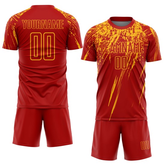 Rotes, benutzerdefiniertes goldenes Trikot mit Sublimationsdruck, Fußballuniform Rotes, benutzerdefiniertes goldenes Trikot mit Sublimationsdruck, Fußballuniform