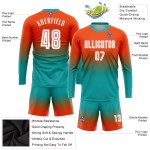 Fußball Ärmel Custom Uniform Weiß-Aqua Fade Fashion Jersey Sublimation Orange Lange Fußball Ärmel Custom Uniform Weiß-Aqua Fade Fashion Jersey Sublimation Orange Lange