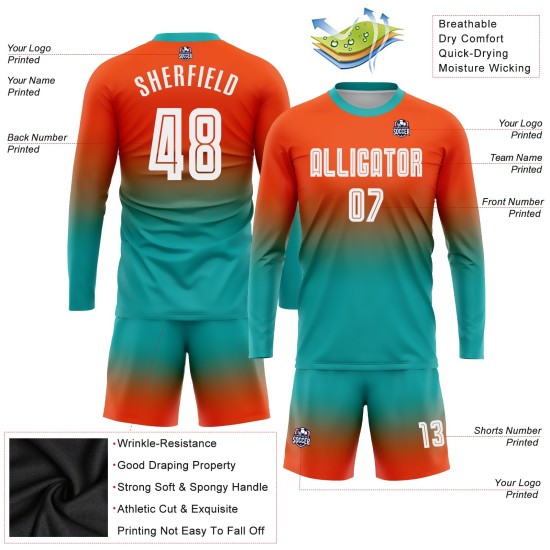 Fußball Ärmel Custom Uniform Weiß-Aqua Fade Fashion Jersey Sublimation Orange Lange Fußball Ärmel Custom Uniform Weiß-Aqua Fade Fashion Jersey Sublimation Orange Lange