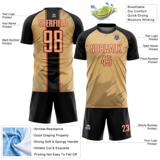 Fußballtrikot Alte Sublimation Uniform Sharp Schwarz-Rot Gold Benutzerdefinierte Formen Fußballtrikot Alte Sublimation Uniform Sharp Schwarz-Rot Gold Benutzerdefinierte Formen