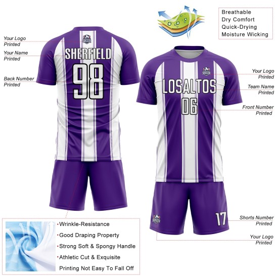 Benutzerdefinierte Fußball Weiß-Schwarz Lila Uniform Linie Jersey Sublimation Benutzerdefinierte Fußball Weiß-Schwarz Lila Uniform Linie Jersey Sublimation
