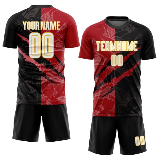 Weiß Rot-Gelb Scratch Uniform Sublimation Custom Jersey Muster Graffiti Fußball Schwarz Weiß Rot-Gelb Scratch Uniform Sublimation Custom Jersey Muster Graffiti Fußball Schwarz