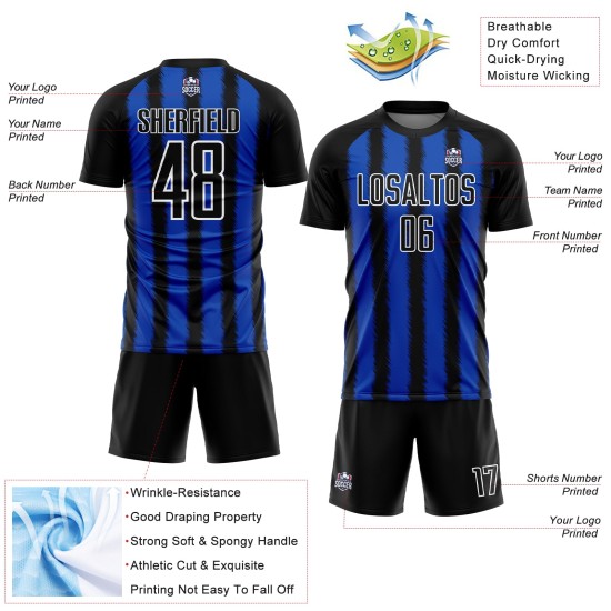 Benutzerdefinierte blau-weiße Trikotlinie Thunder Uniform Sublimation Schwarz Fußball Benutzerdefinierte blau-weiße Trikotlinie Thunder Uniform Sublimation Schwarz Fußball